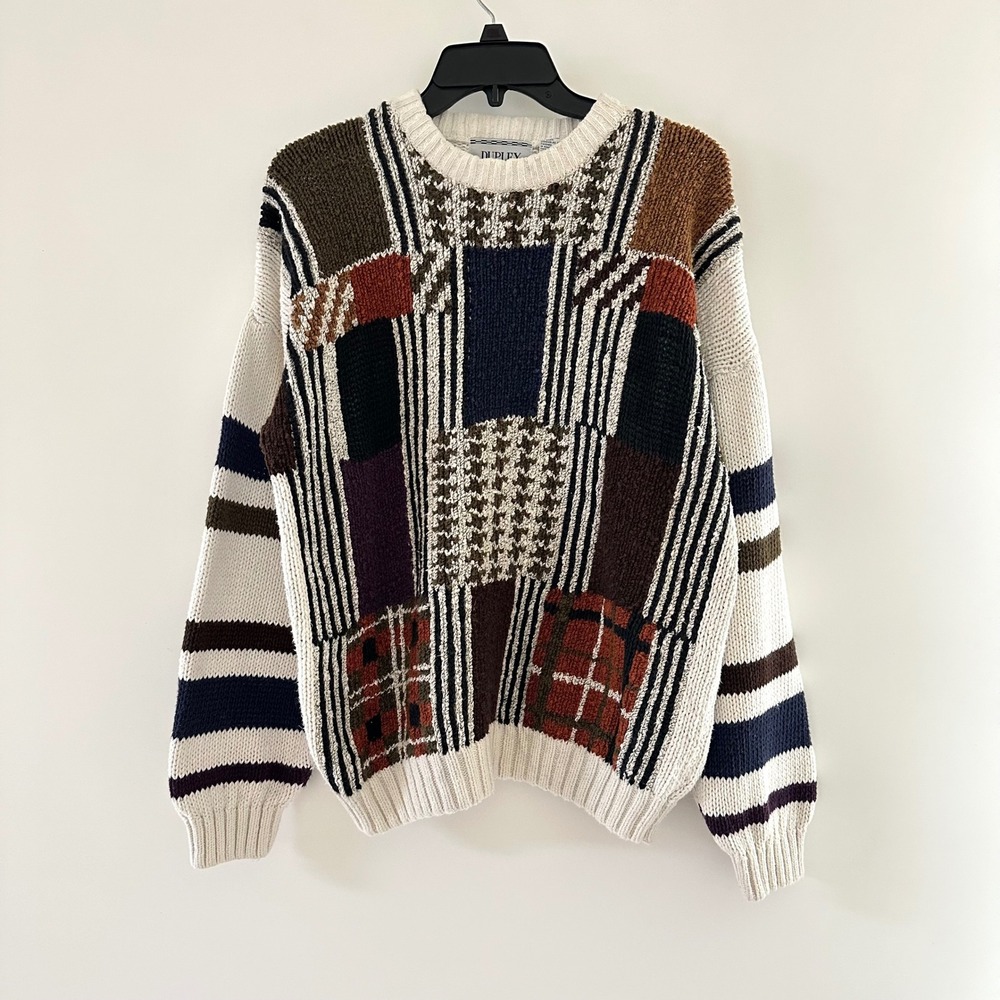 Vintage 90s Patchwork Sweater Mens Medium Multicolor Grandpa Retro Geometric